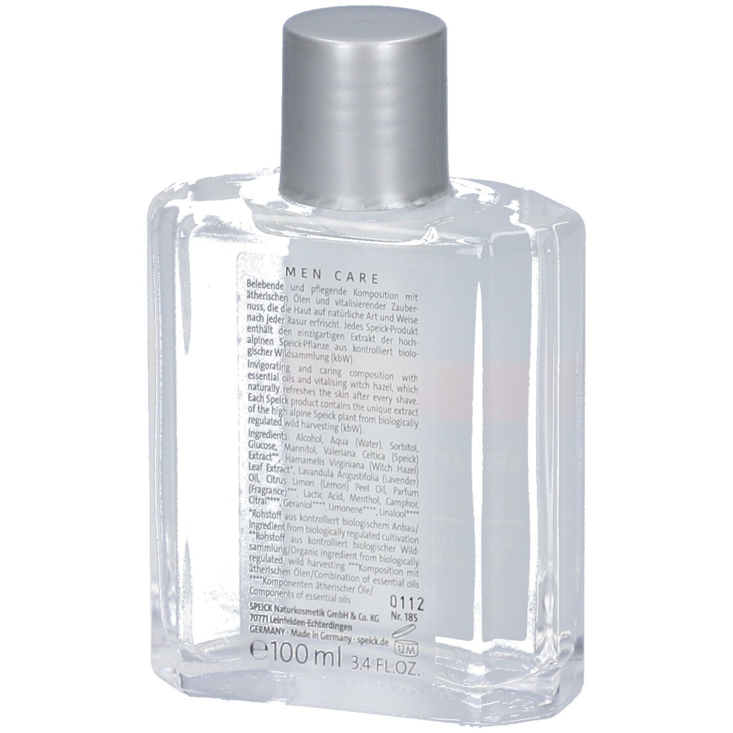 Flacon transparent avec bouchon argenté. Texte au dos. 100 ml. Vegan.