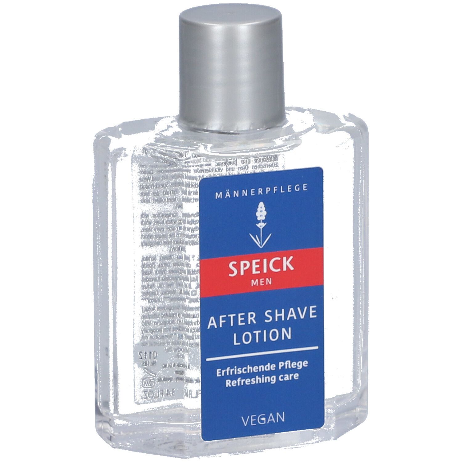 Flacon transparent avec bouchon argenté. Étiquette SPEICK, AFTER SHAVE LOTION. Vegan.