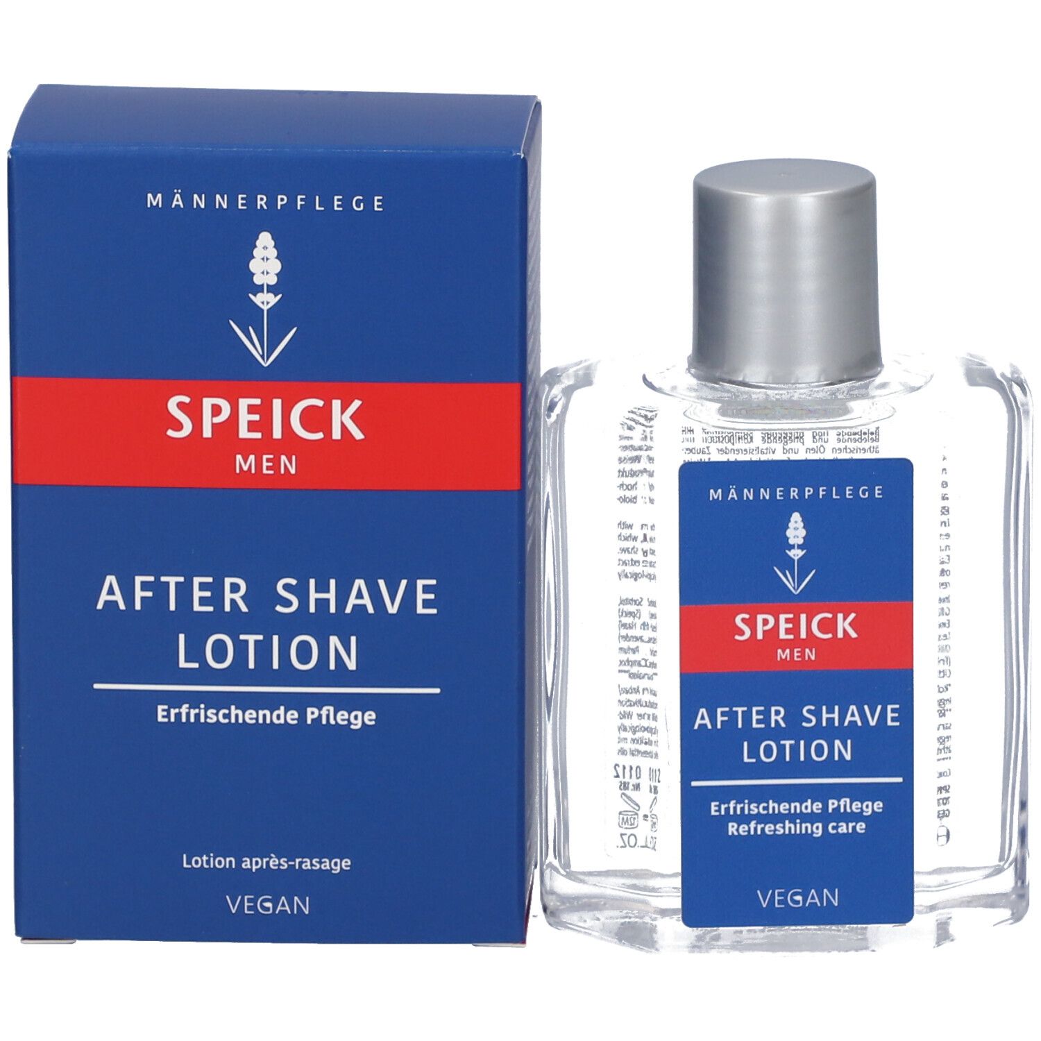 Flacon et boîte. Flacon : SPEICK, AFTER SHAVE LOTION. Boîte : SPEICK, AFTER SHAVE LOTION. Vegan.