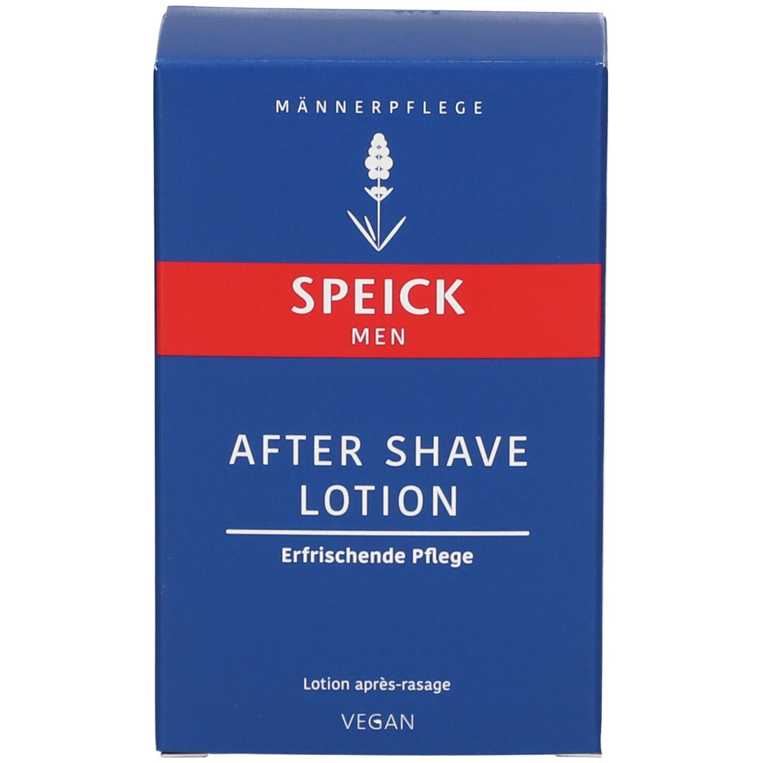 Boîte bleue avec SPEICK, AFTER SHAVE LOTION. Vegan.
