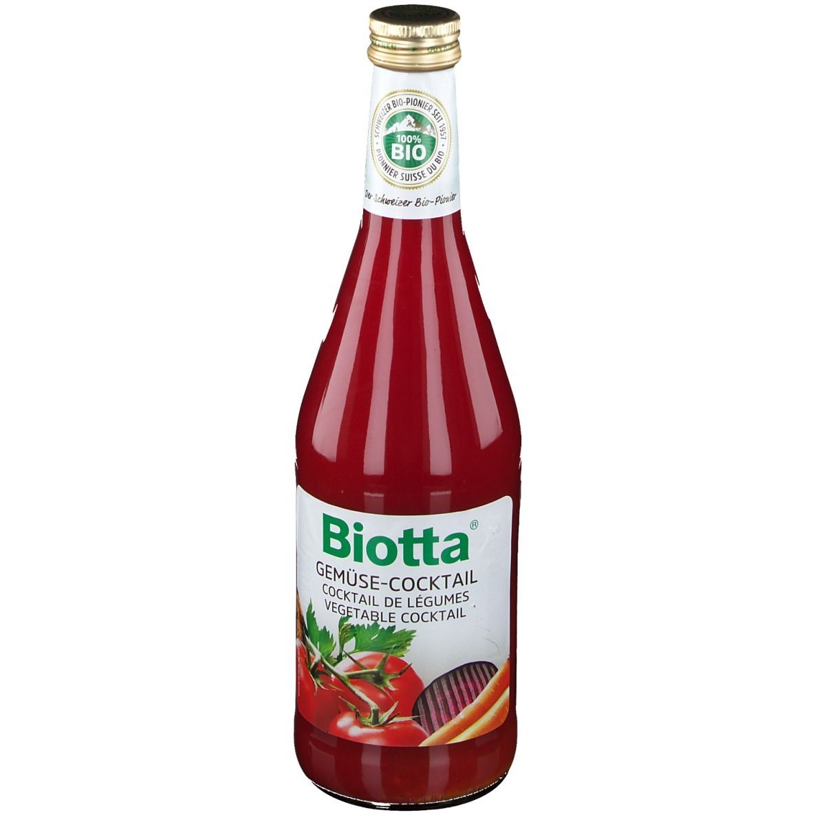Bouteille en verre avec liquide rouge. Étiquette "Biotta Gemüse-Cocktail" et logo bio. Illustrations de légumes.