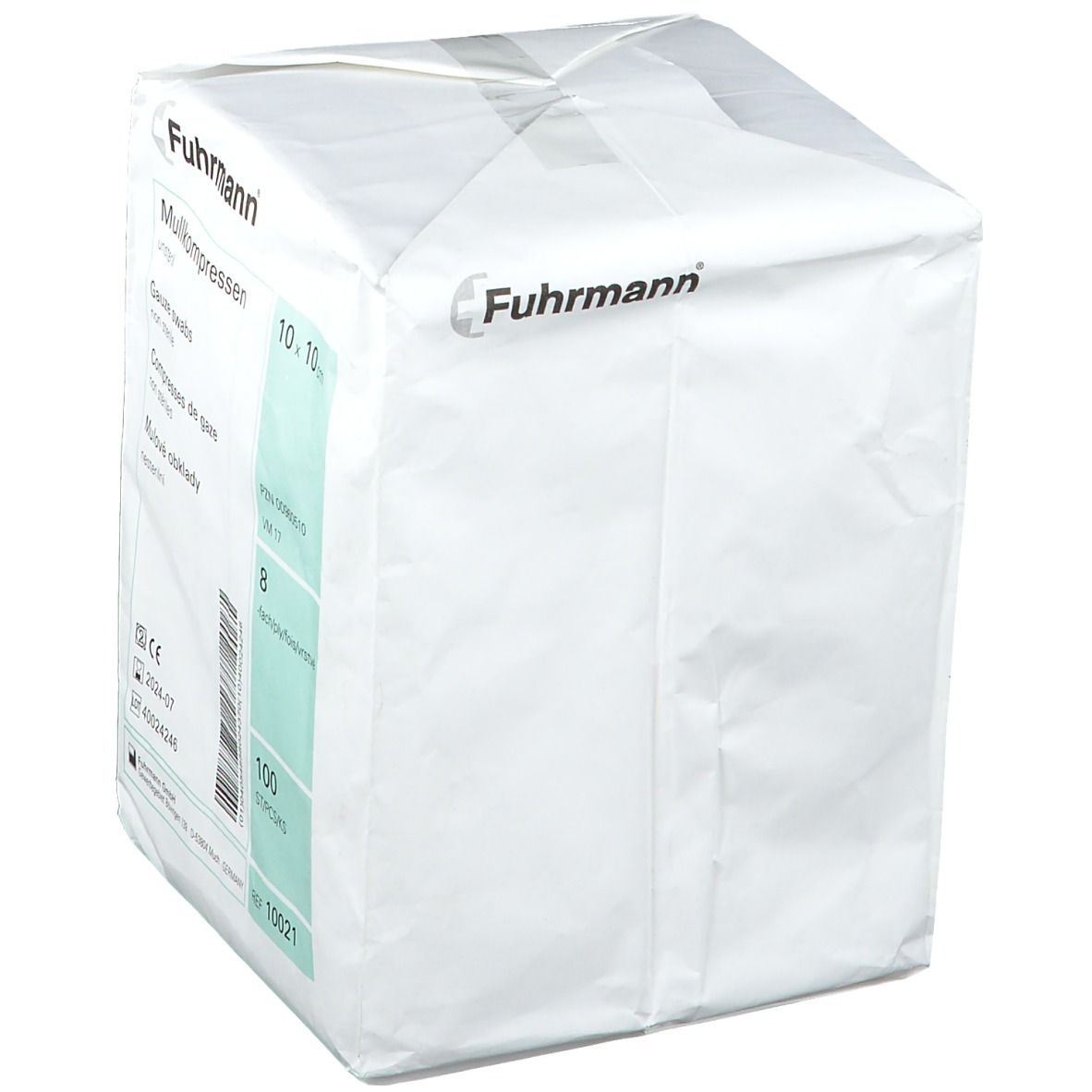 Emballage de compresses de gaze, non stériles. Inscription : Fuhrmann, 10 x 10 cm, 8 plis, 100 pièces.