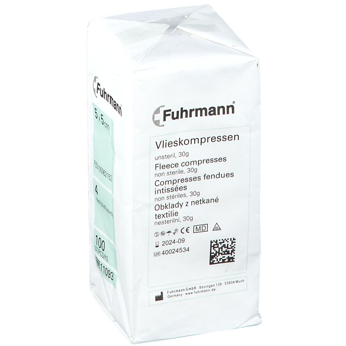 Verpakking met non-steriele vlieskompressen 5 x 5 cm. Merk Fuhrmann. 100 stuks.