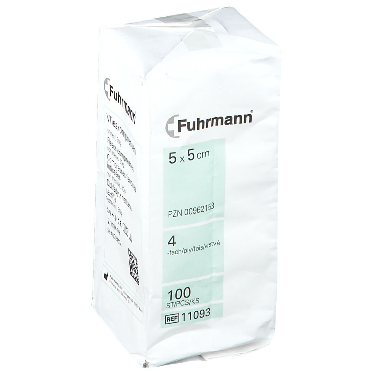 Verpakking met non-steriele vlieskompressen 5 x 5 cm. Merk Fuhrmann. 100 stuks.