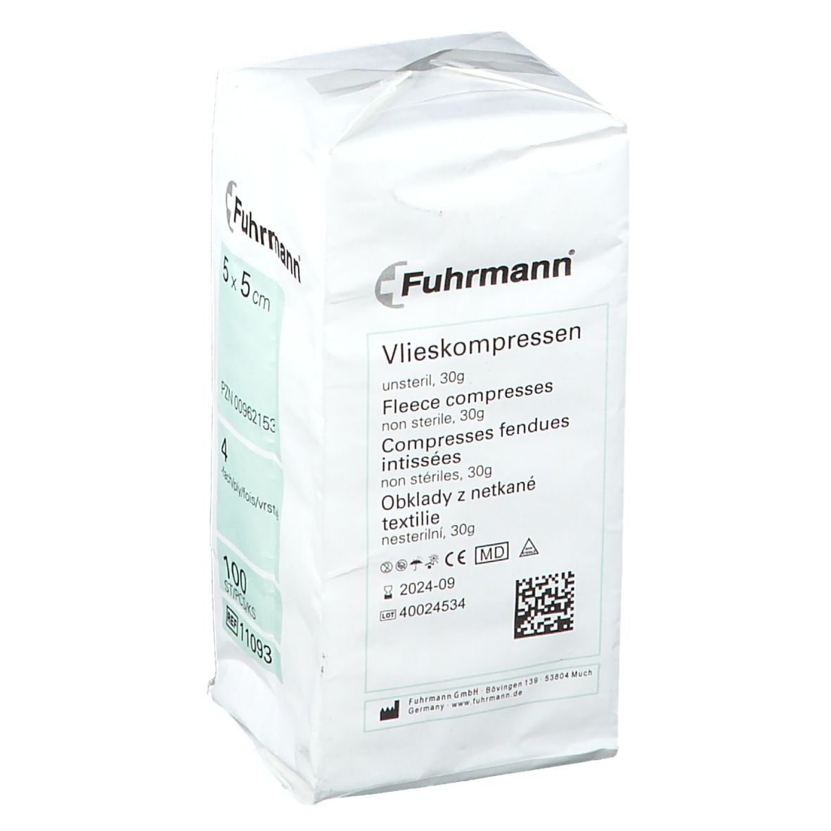Verpakking met non-steriele vlieskompressen 5 x 5 cm. Merk Fuhrmann. 100 stuks.