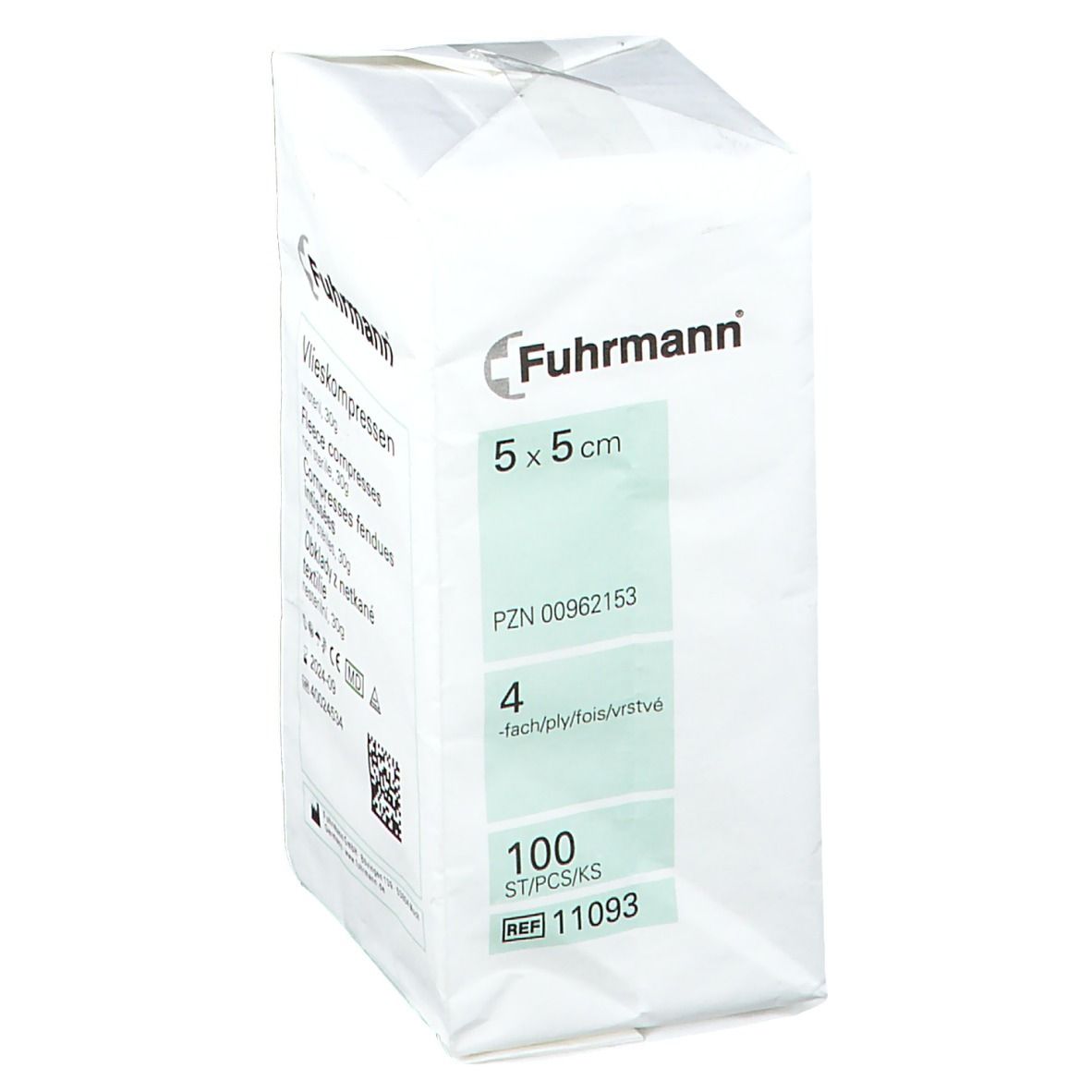 Verpakking met non-steriele vlieskompressen 5 x 5 cm. Merk Fuhrmann. 100 stuks.