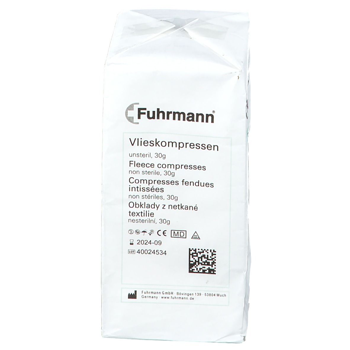 Verpakking met non-steriele vlieskompressen 5 x 5 cm. Merk Fuhrmann. 100 stuks.