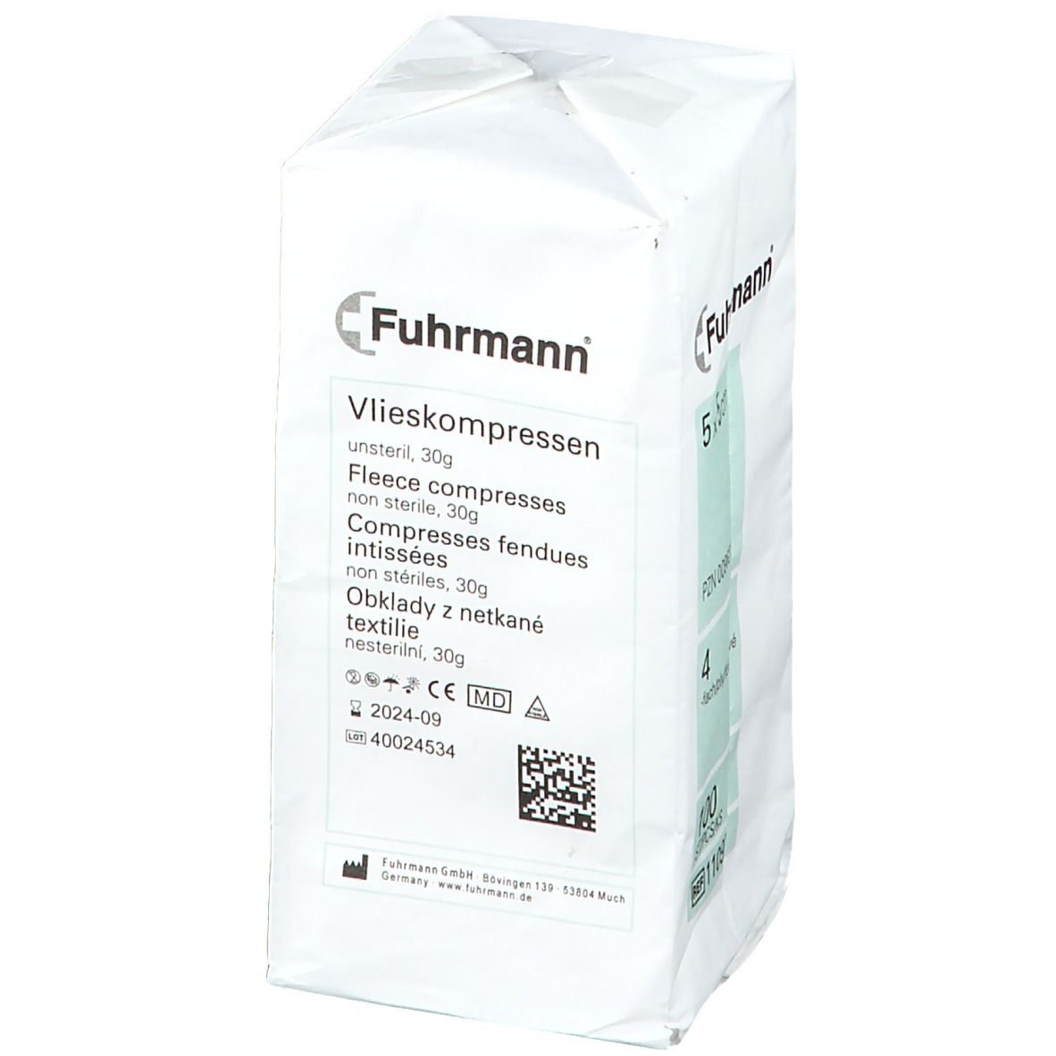 Verpakking met non-steriele vlieskompressen 5 x 5 cm. Merk Fuhrmann. 100 stuks.