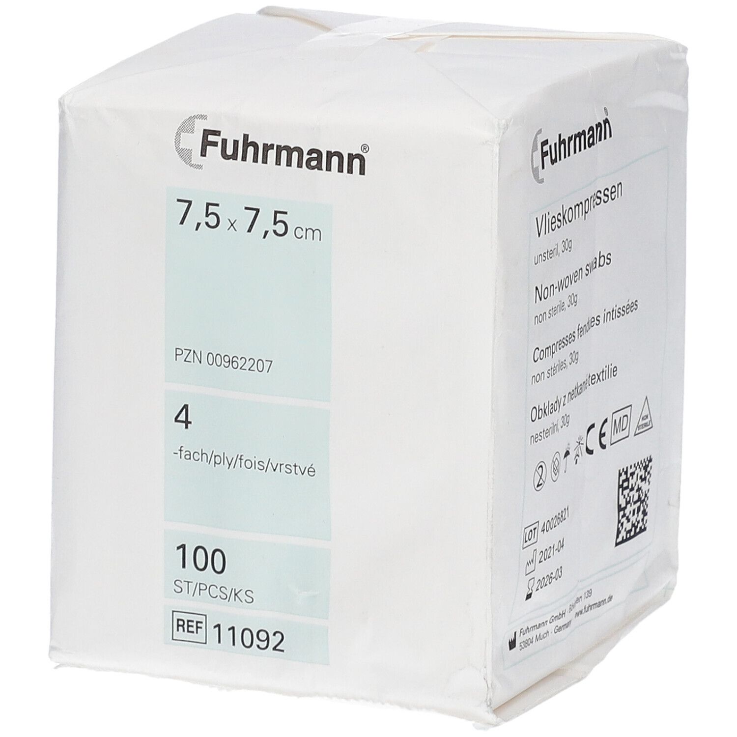 Witte verpakking met opdrukken. "Fuhrmann" logo. "7,5 x 7,5 cm". "4-fach". "100 ST/PCS/KS". Medisch hulpmiddel.