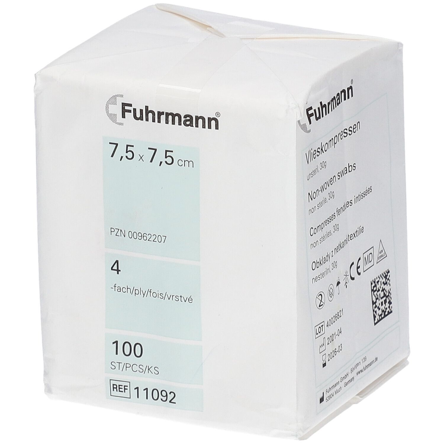 Witte verpakking met opdrukken. "Fuhrmann" logo. "7,5 x 7,5 cm". "4-fach". "100 ST/PCS/KS". Medisch hulpmiddel.