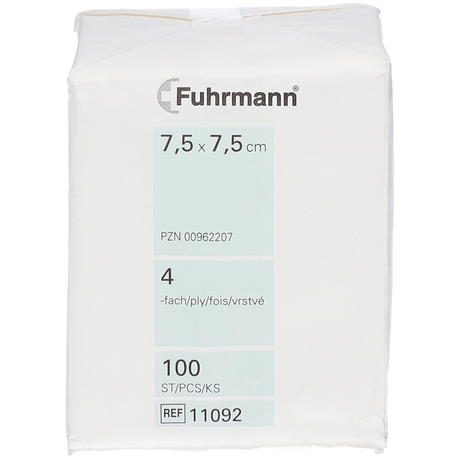 Witte verpakking met opdrukken. "Fuhrmann" logo. "7,5 x 7,5 cm". "4-fach". "100 ST/PCS/KS". Medisch hulpmiddel.