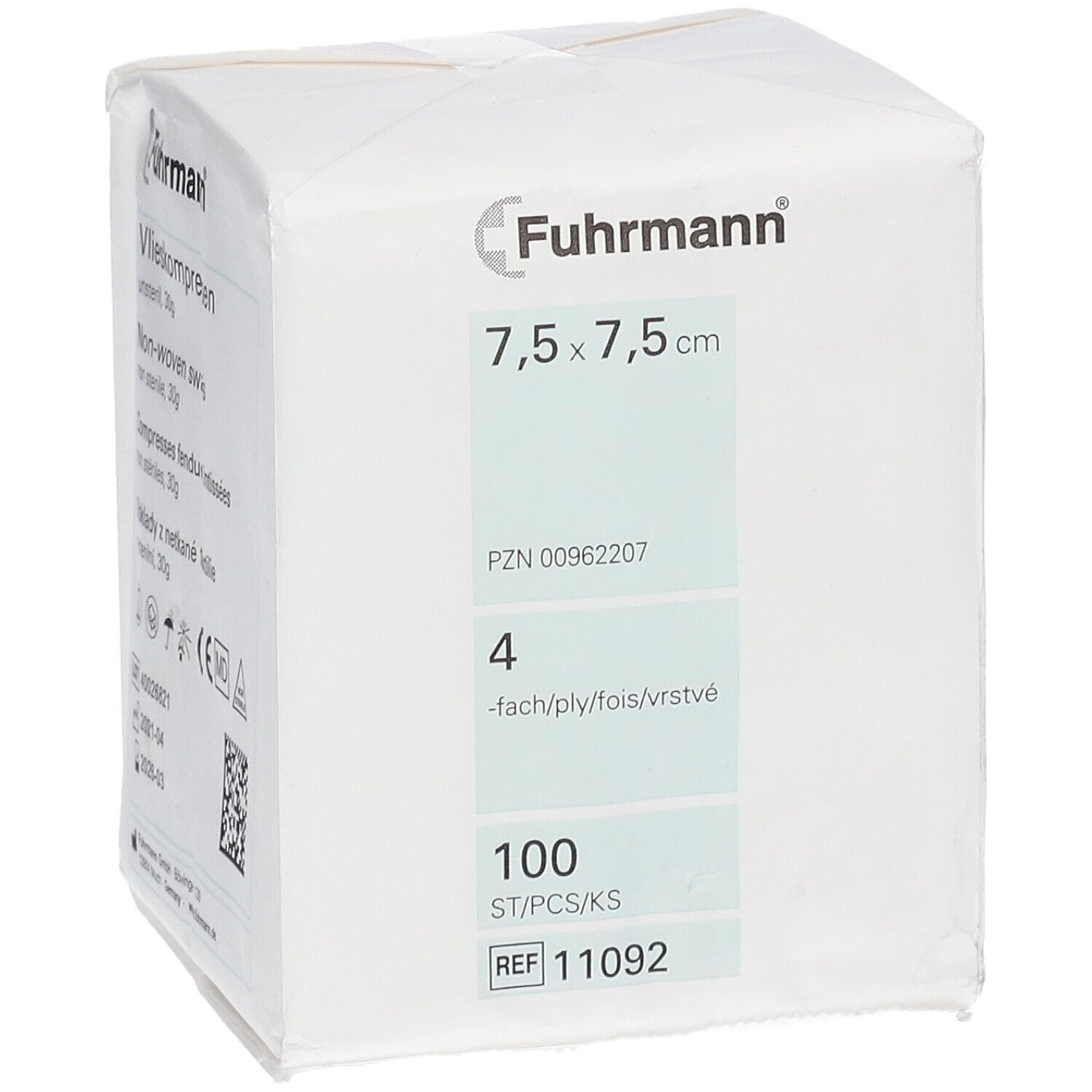 Witte verpakking met opdrukken. "Fuhrmann" logo. "7,5 x 7,5 cm". "4-fach". "100 ST/PCS/KS". Medisch hulpmiddel.