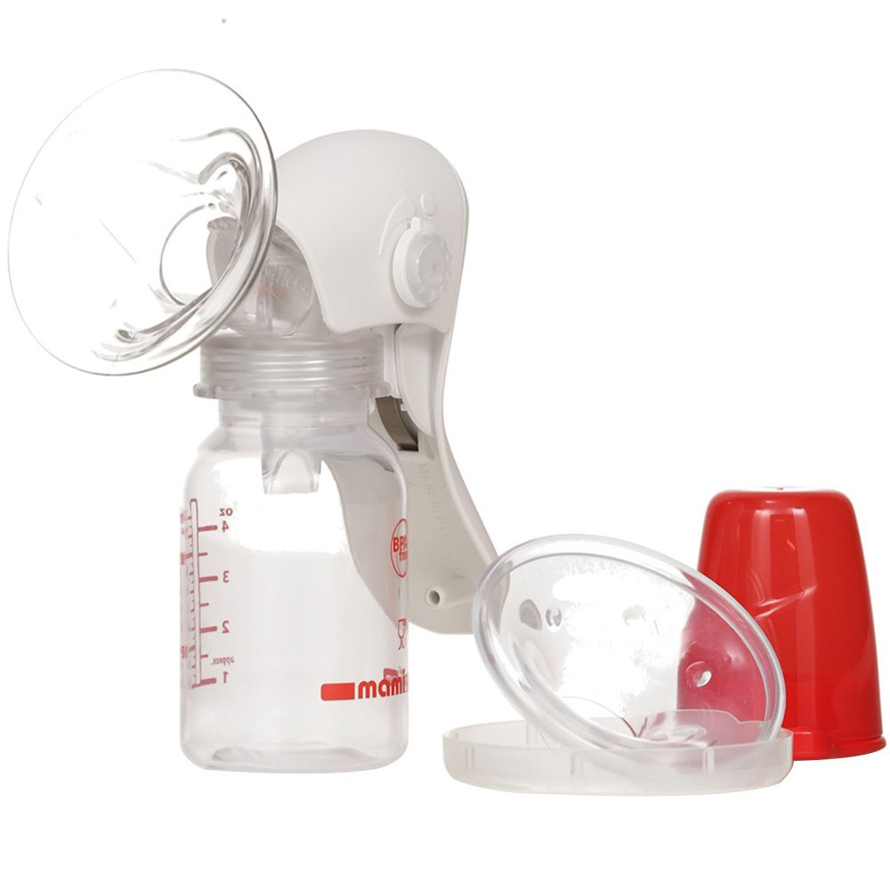 Tire-lait manuel avec biberon, téterelle, couvercle et bouchon rouge. Sans BPA. Marque mamivac®.