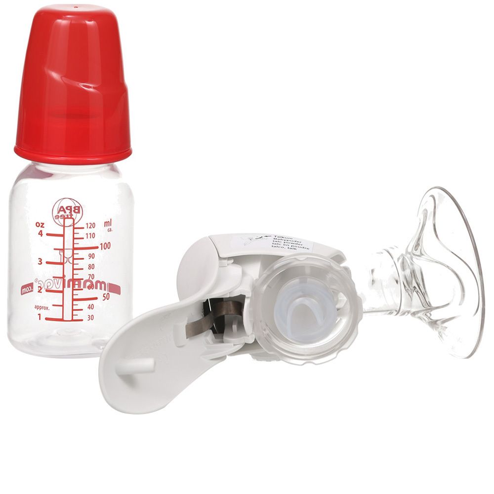 Tire-lait avec biberon et bouchon rouge. Biberon avec échelle de mesure. Sans BPA. Marque mamivac®.