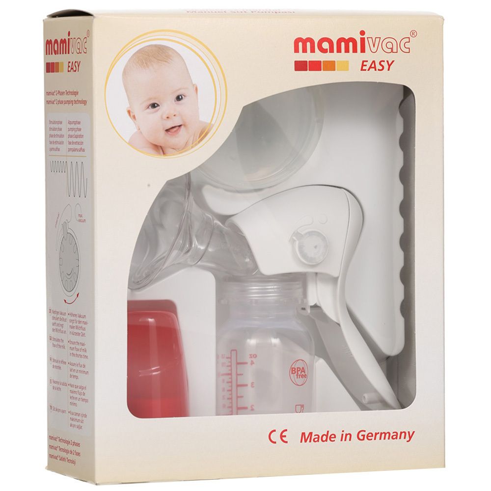 Emballage du tire-lait manuel mamivac® EASY. Contient tire-lait, biberon, bouchon et accessoires. Marque CE.