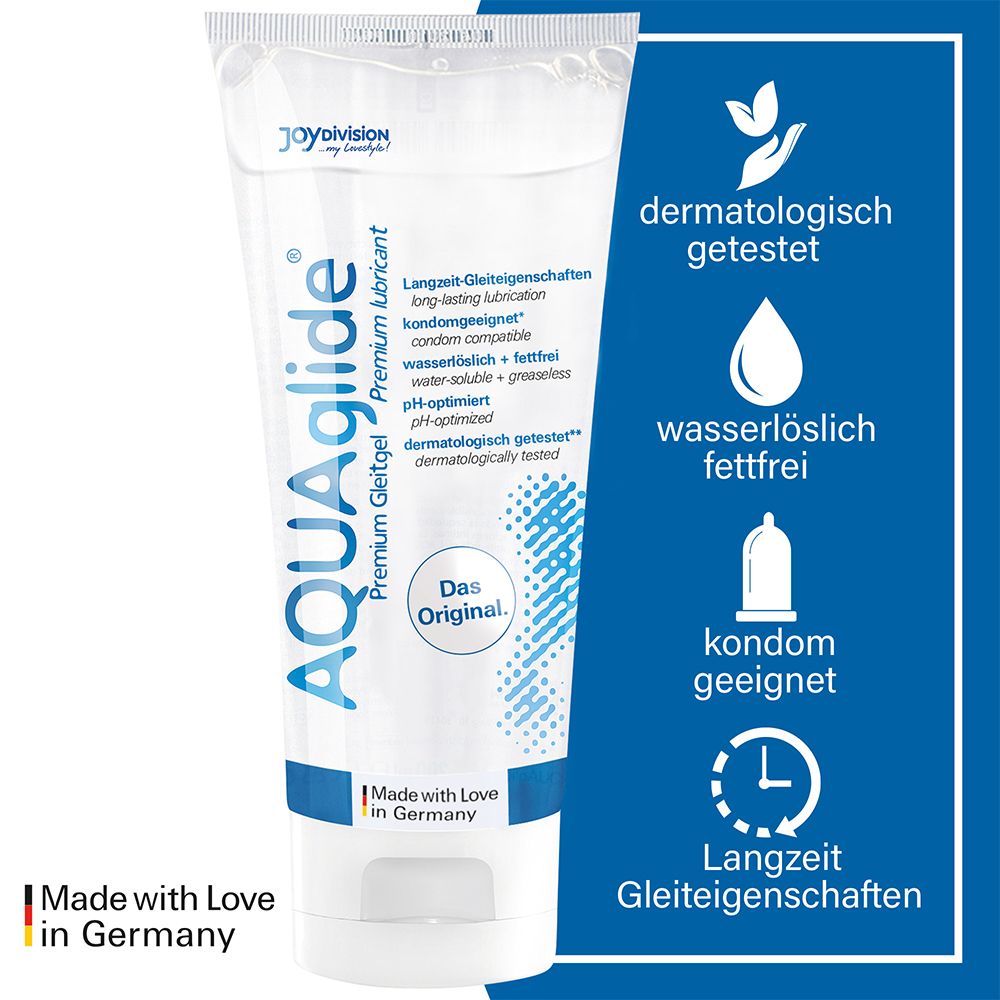 Gel AQUAglide, tube. Testé dermatologiquement, soluble dans l'eau, sans graisse, compatible avec les préservatifs, lubrification longue durée.
