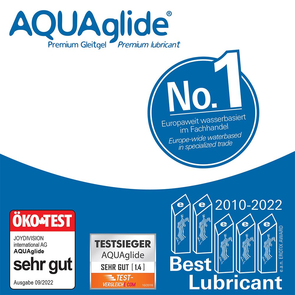 Logo AQUAglide et récompenses. N°1 en Europe, ÖKO-TEST, TESTSIEGER, récompenses Best Lubricant.