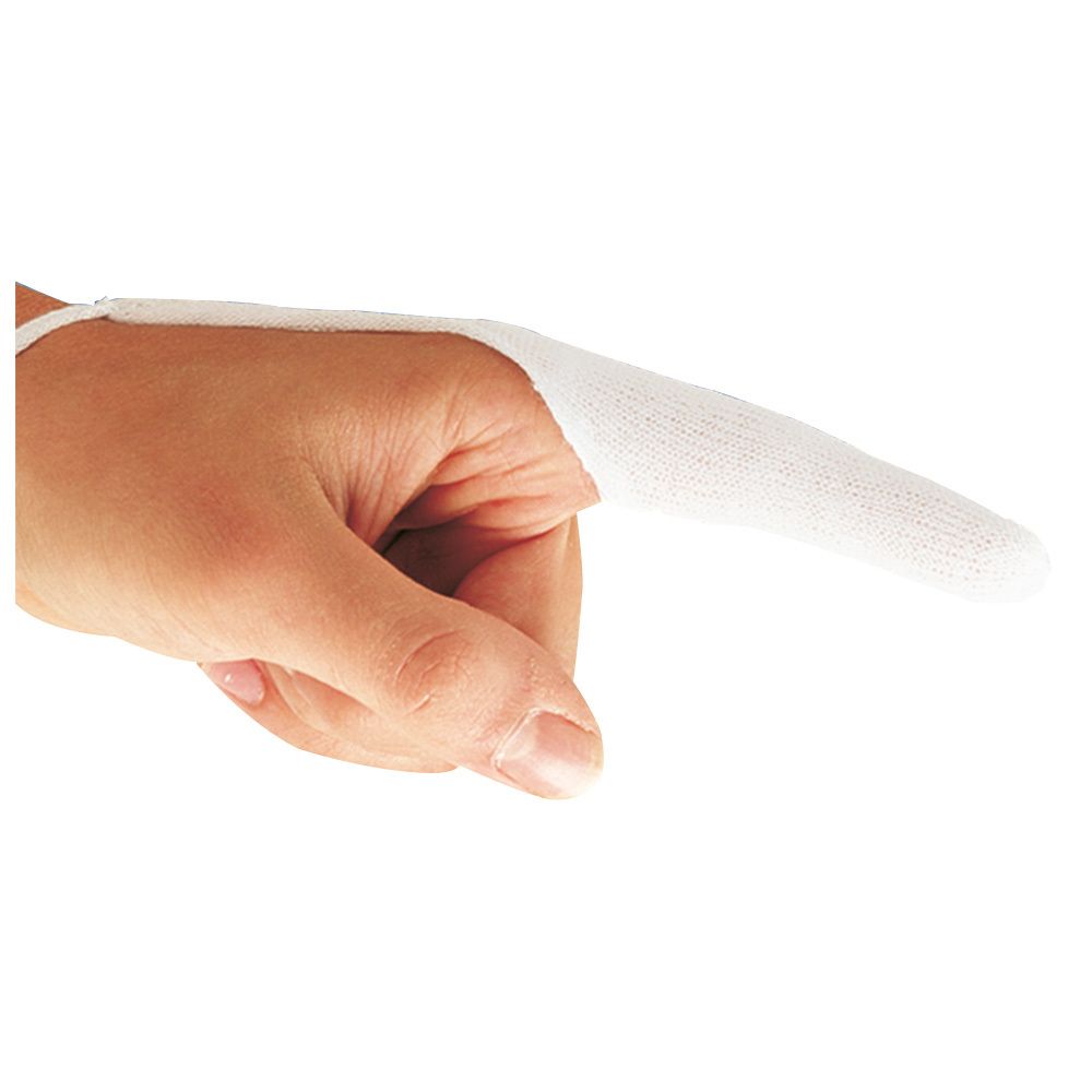 Kousverband om een vinger, wit, van elastisch textiel.