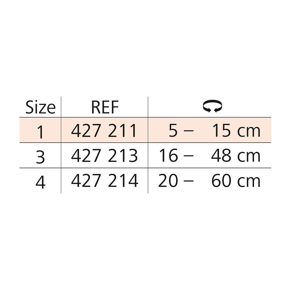 Maattabel voor kousverbanden: Maat 1 (5-15cm), 3 (16-48cm), 4 (20-60cm).