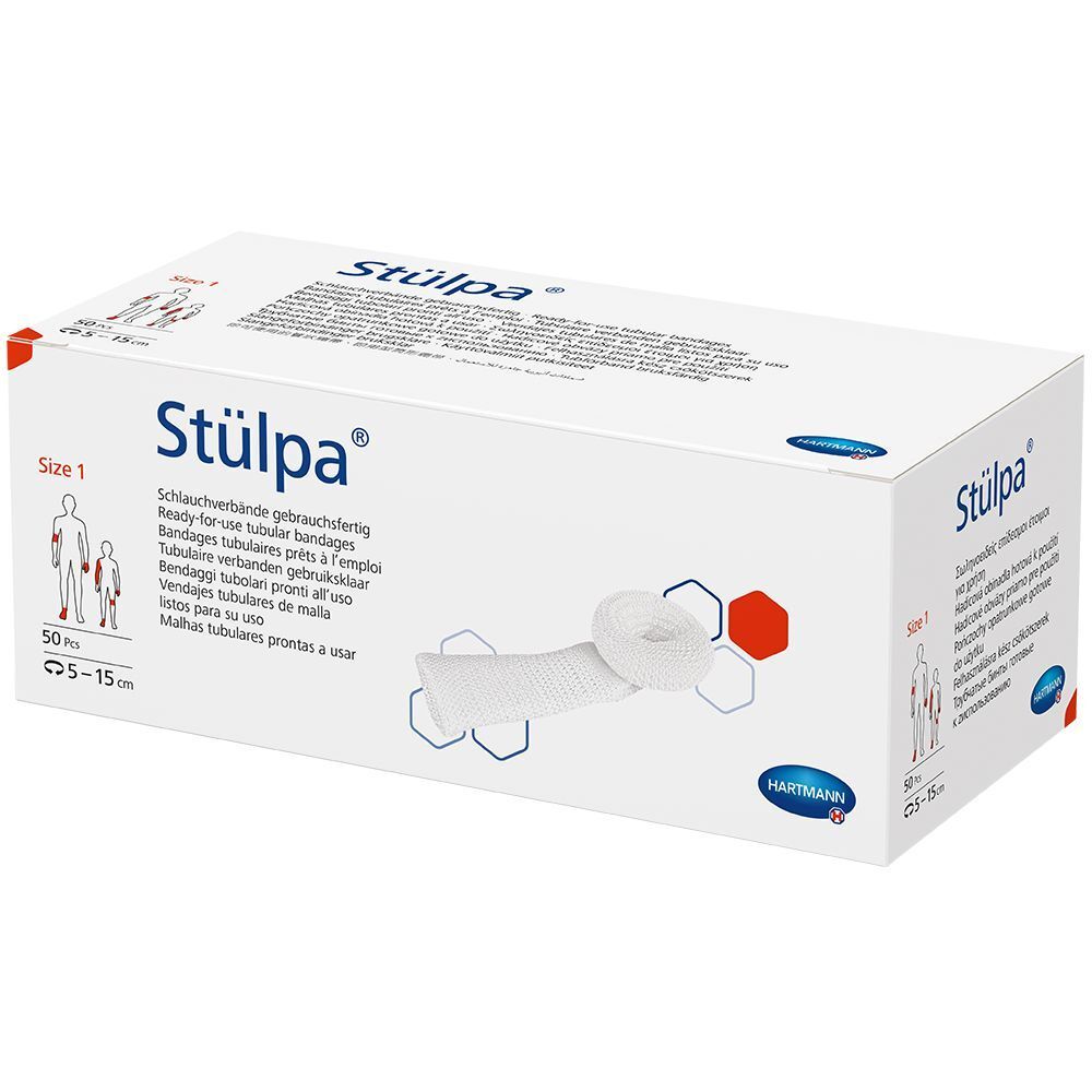 Emballage de Stülpa® Fertigverband Gr. 1. Bandage blanche, taille 1, 5-15 cm. Logo Hartmann.