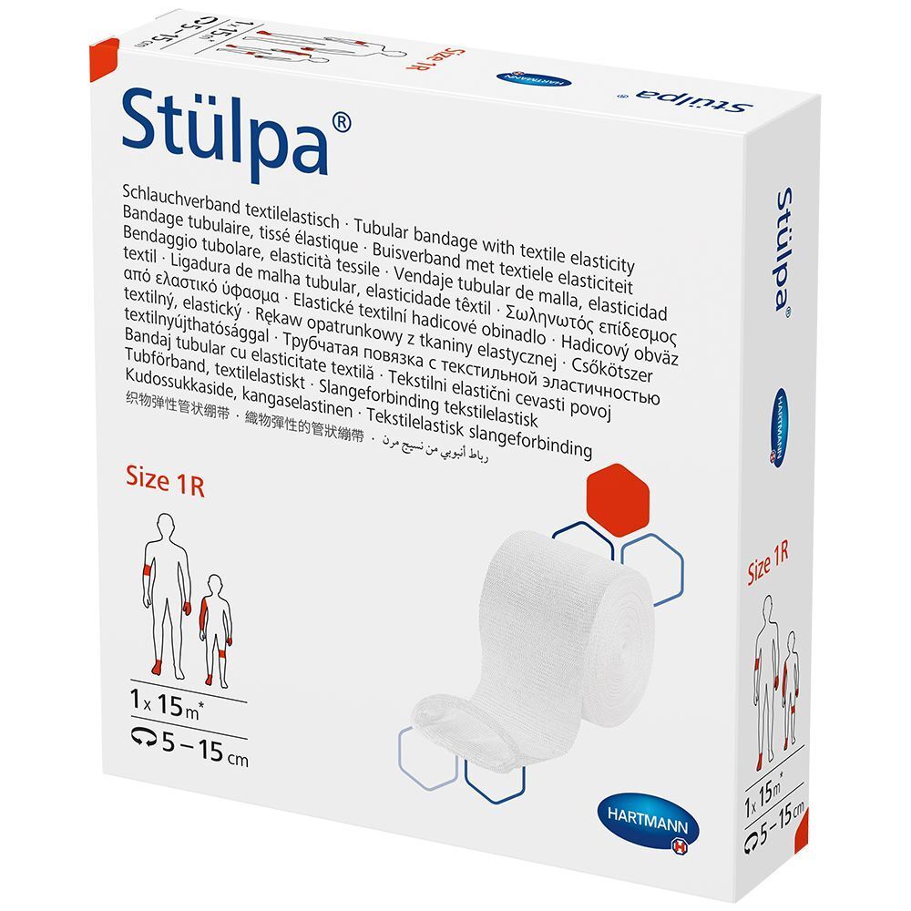 Emballage Hartmann Stülpa® avec bande tubulaire. Texte multilingue, taille 1R. Le produit est représenté enroulé.