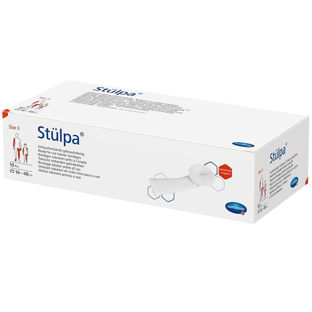 Witte verpakking Hartmann Stülpa® maat 3. Opschriften: Stülpa®, Hartmann, maatindicaties.