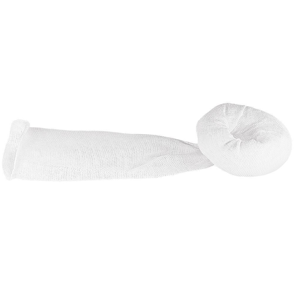 Witte, opgerolde Hartmann Stülpa® buisverband. Open uiteinden, geweven materiaal.