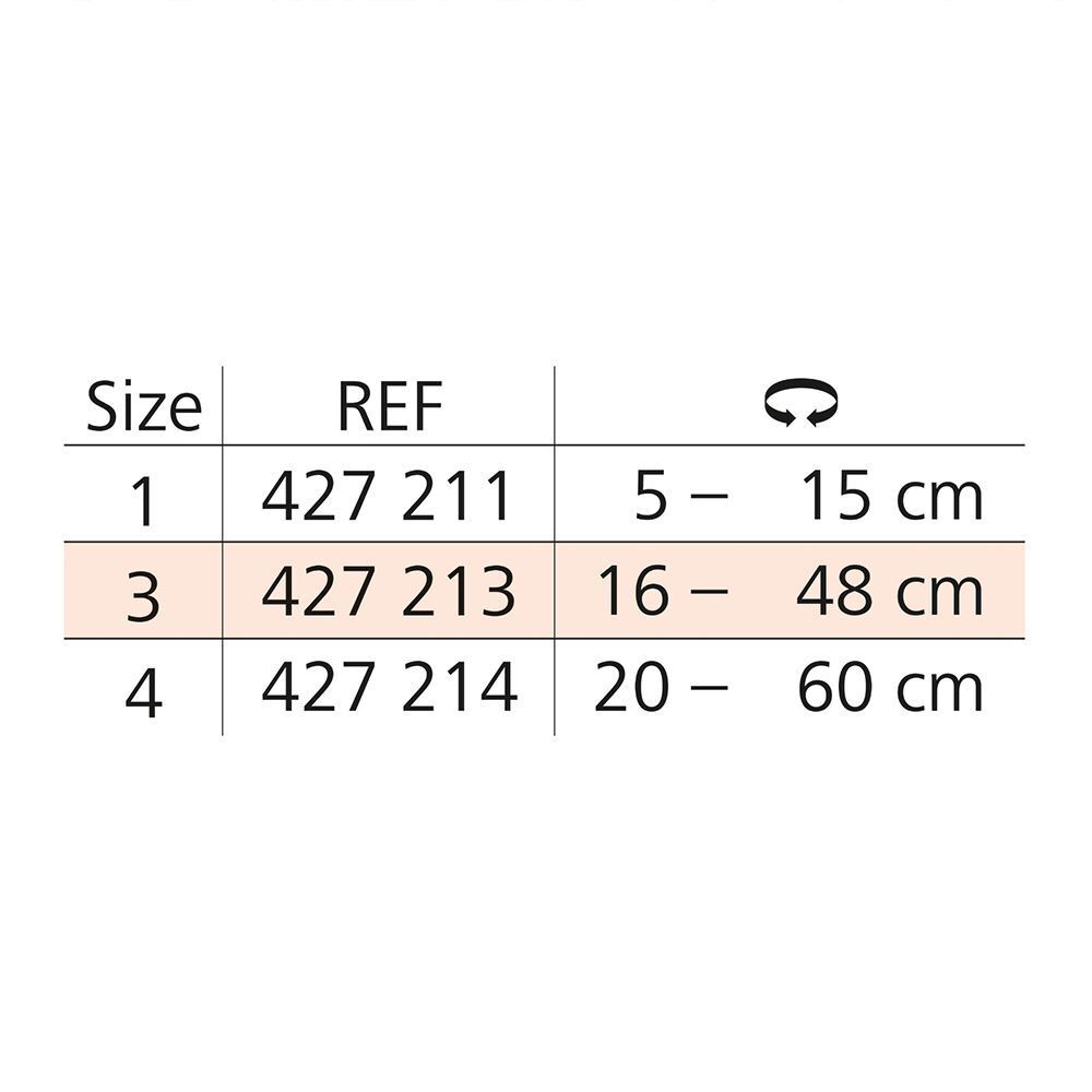 Maattabel voor Hartmann Stülpa® buisverband. Maten 1, 3 en 4 met referentienummers en omtrek.