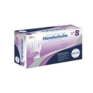 Doos PARAM vinyl handschoenen, maat S, poedervrij. 100 stuks. Paars-wit design. PARAM logo.