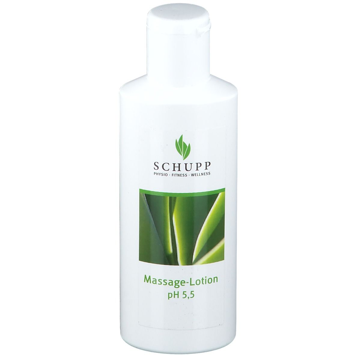 Flacon blanc avec étiquette verte. Inscription : SCHUPP, Massage-Lotion pH 5,5. Motif aloe vera.