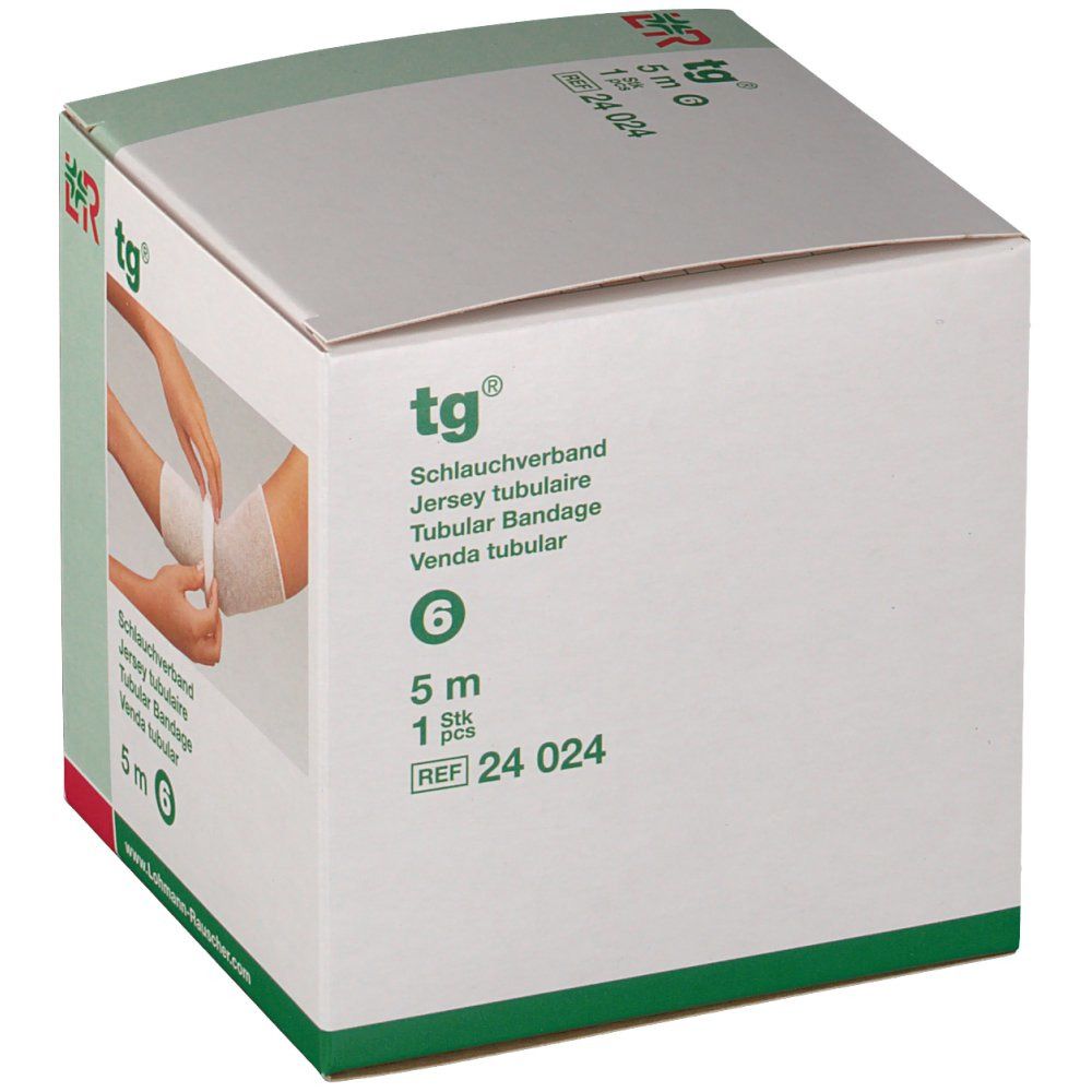 Verpakking van tg® buisverband. Witte doos met groene accenten. Tekst.