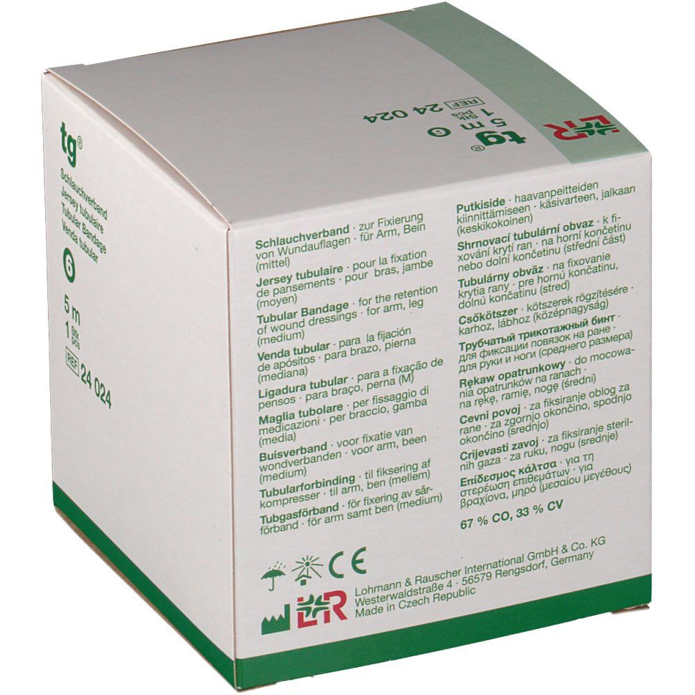 Verpakking van tg® buisverband. Meertalige tekst. Certificeringen.