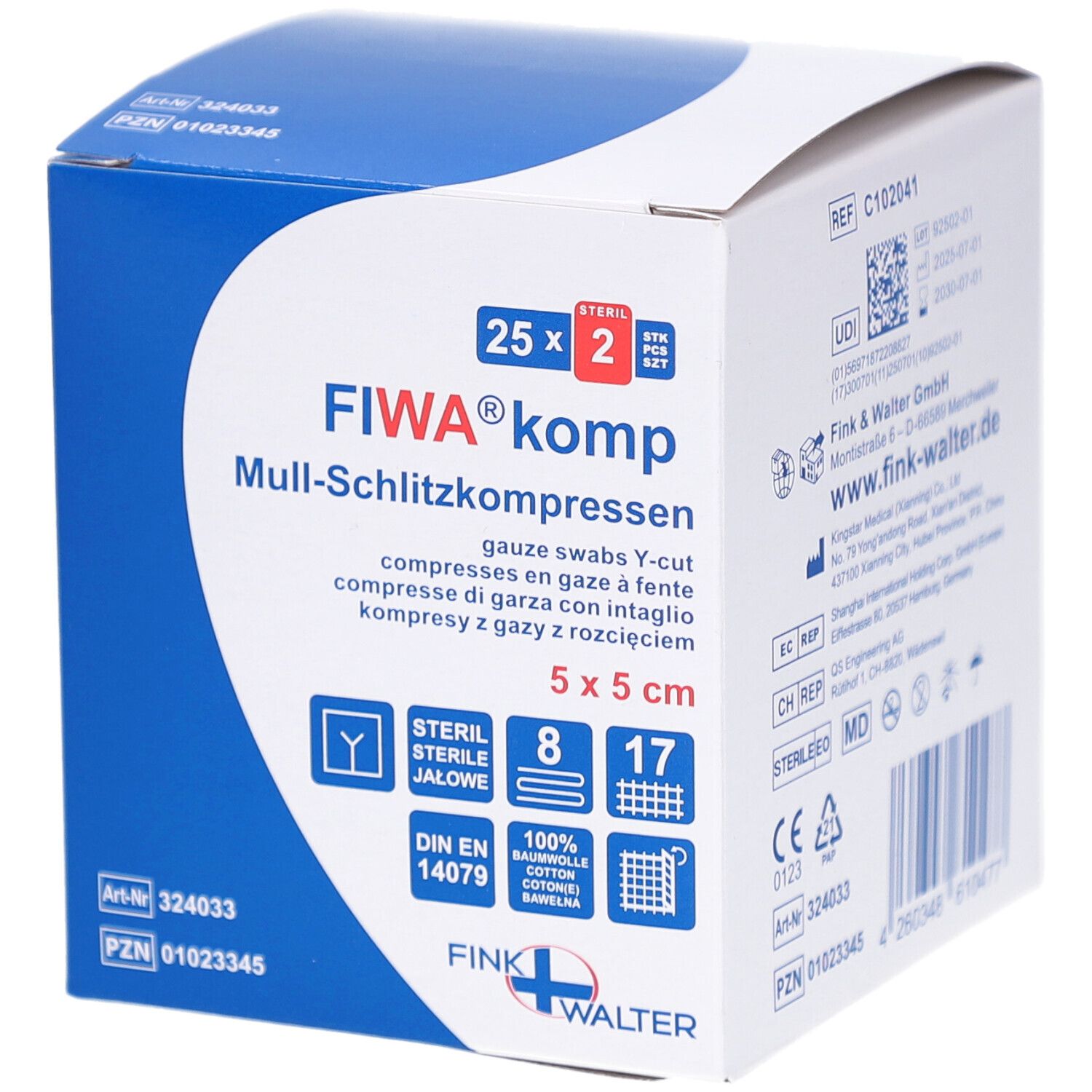 Verpakking FIWA® komp splitkompressen. 5x5 cm, steriel. Blauw-witte doos met productinformatie en logo.