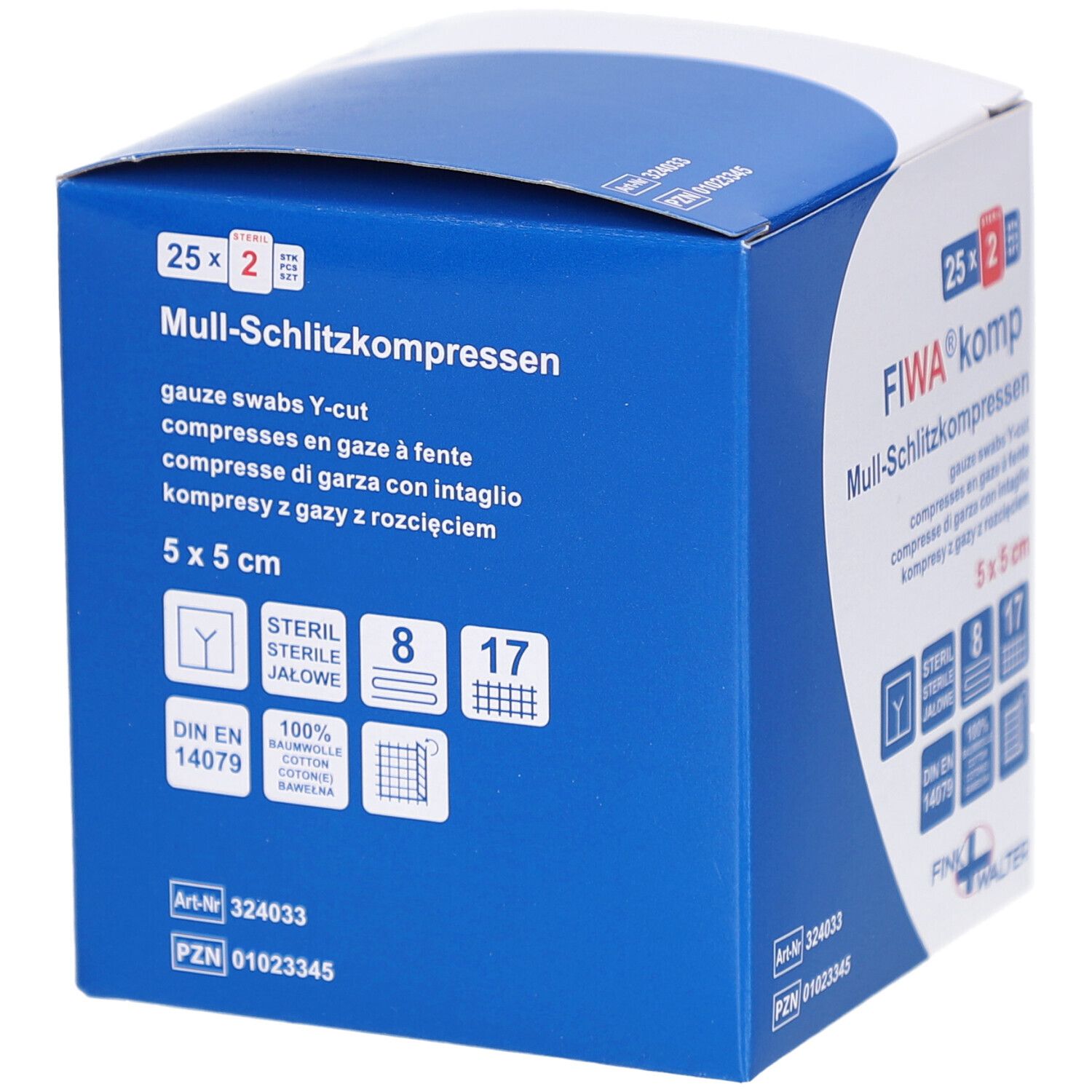 Verpakking FIWA® komp splitkompressen. 5x5 cm, steriel. Blauw-witte doos met productinformatie en logo.