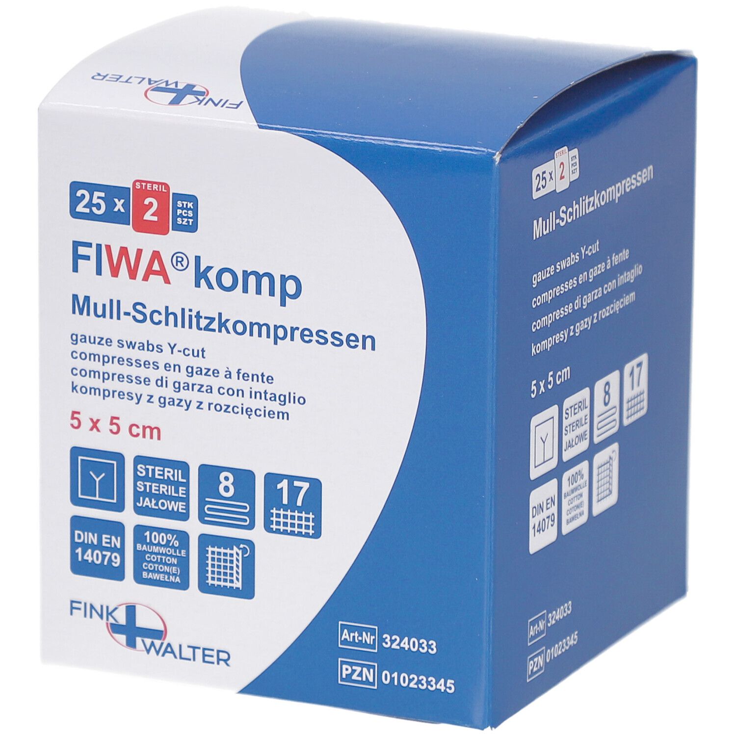Verpakking FIWA® komp splitkompressen. 5x5 cm, steriel. Blauw-witte doos met productinformatie en logo.