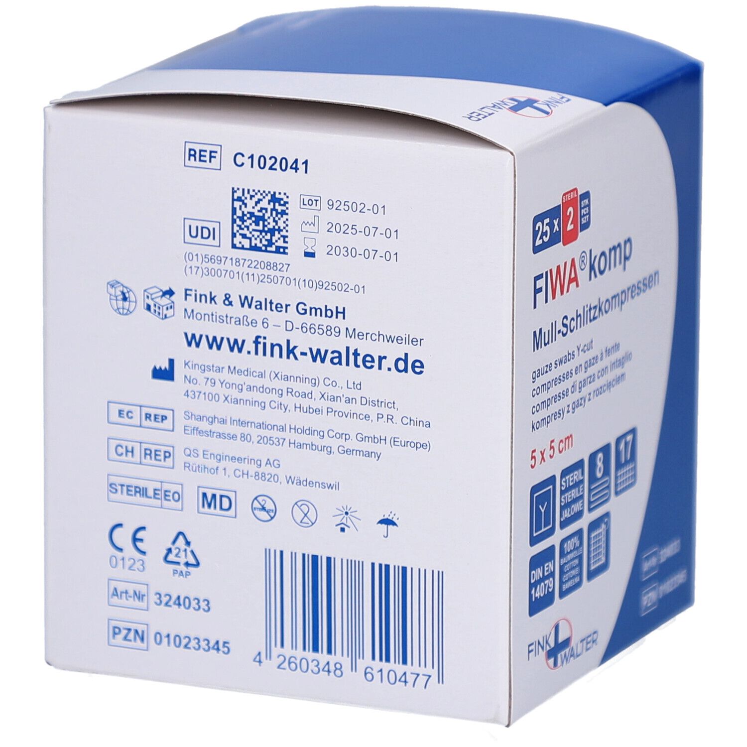 Achterkant verpakking FIWA® komp splitkompressen. 5x5 cm, steriel. Informatie, logo en certificeringen.