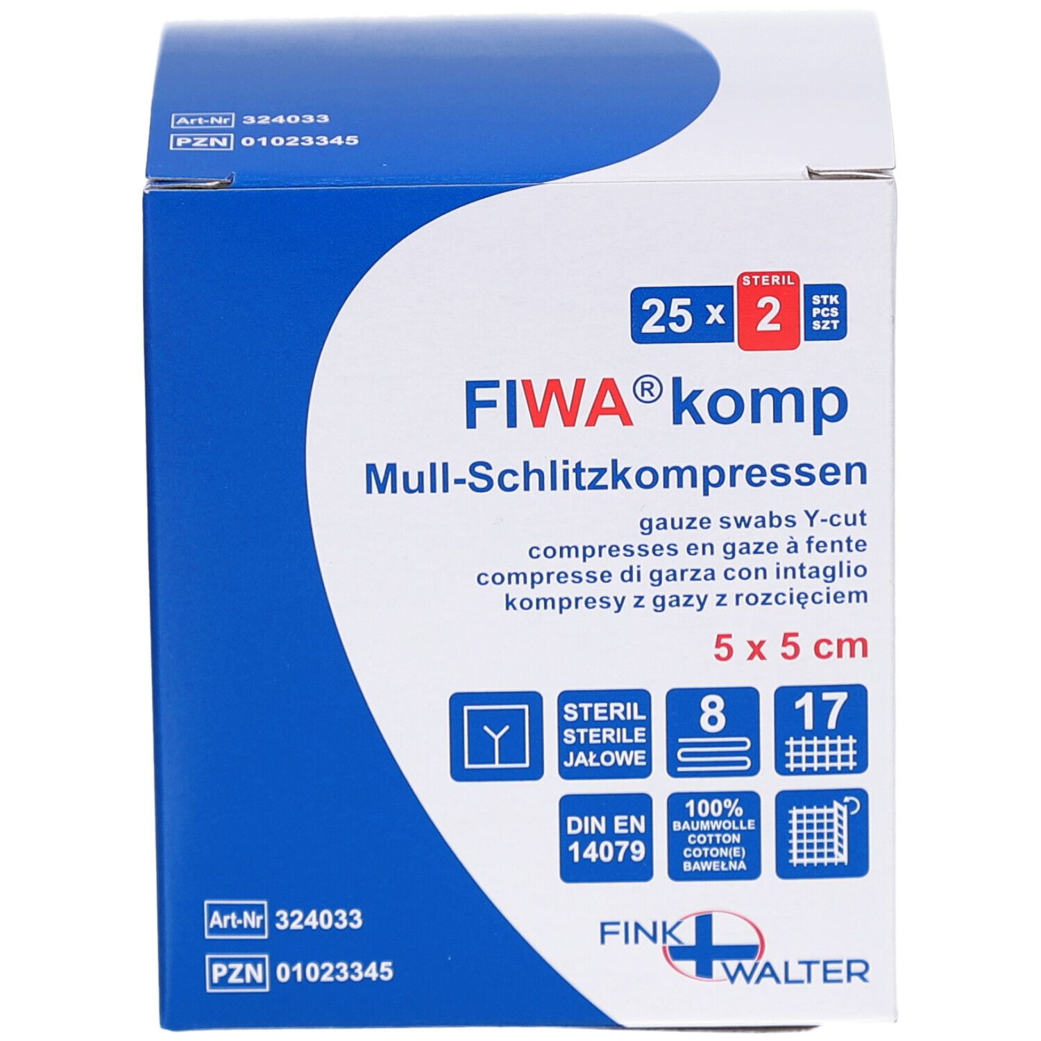 Verpakking FIWA® komp splitkompressen. 5x5 cm, steriel. Blauw-witte doos met productinformatie en logo.