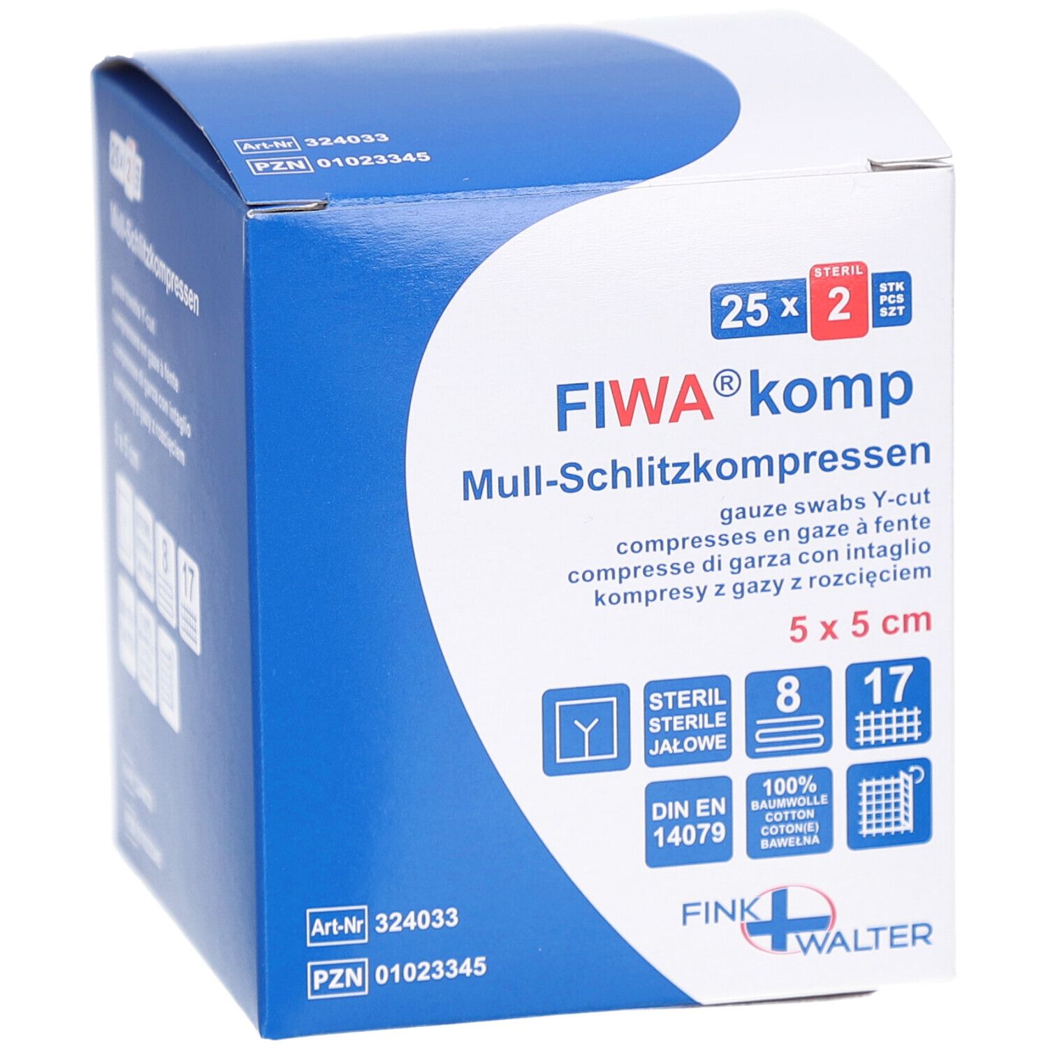 Verpakking FIWA® komp splitkompressen. 5x5 cm, steriel. Blauw-witte doos met productinformatie en logo.