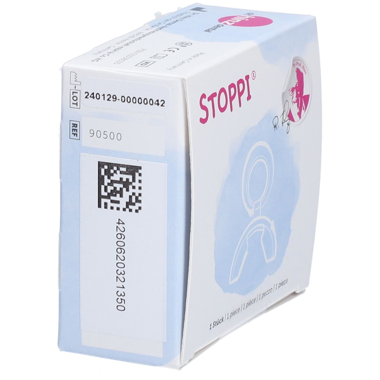 Vue latérale de l'emballage. Inscription STOPPI®. Code-barres et numéro de lot. Pour enfants après 2 ans.