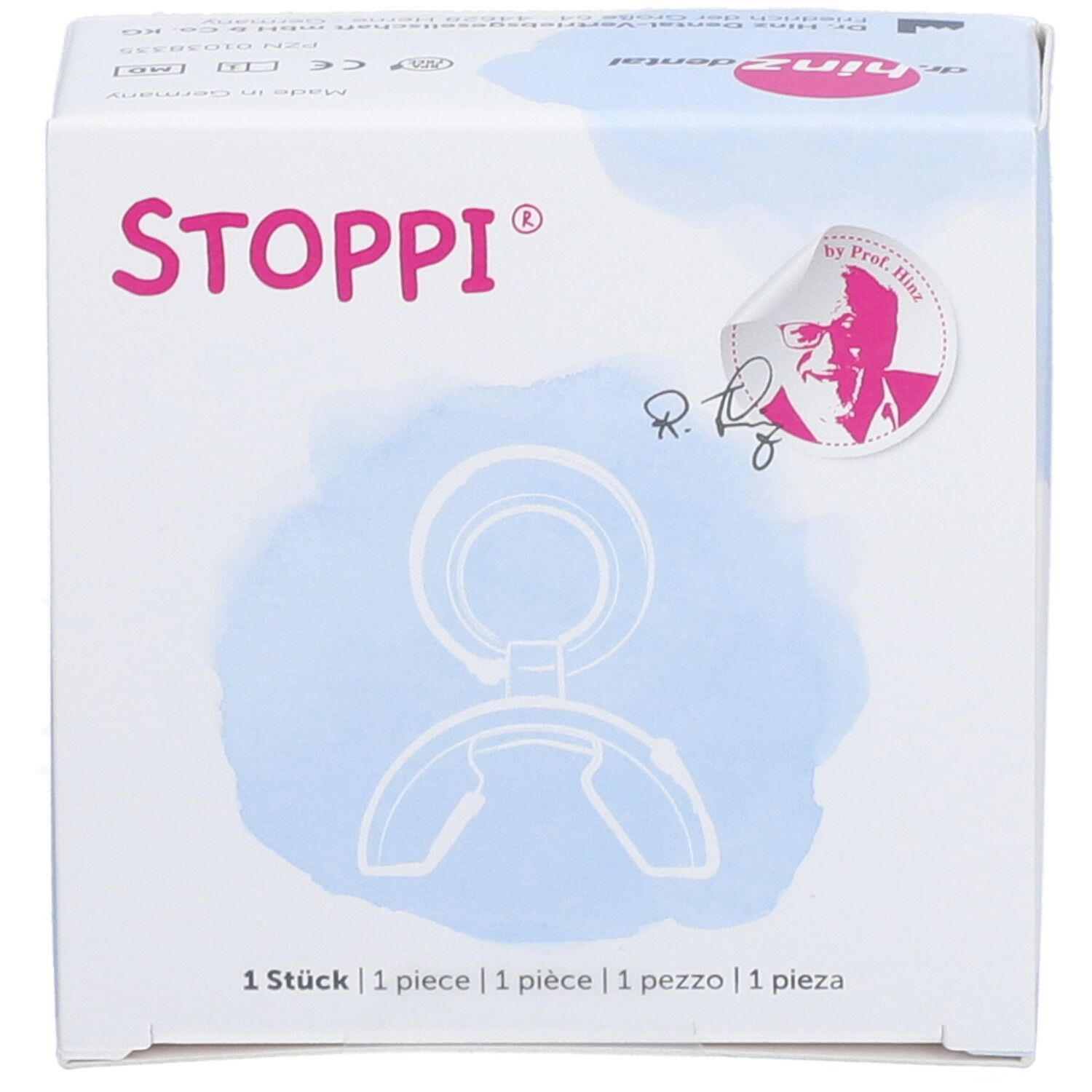 Vue de face de l'emballage. Inscription STOPPI®. Illustration du produit et informations d'utilisation.