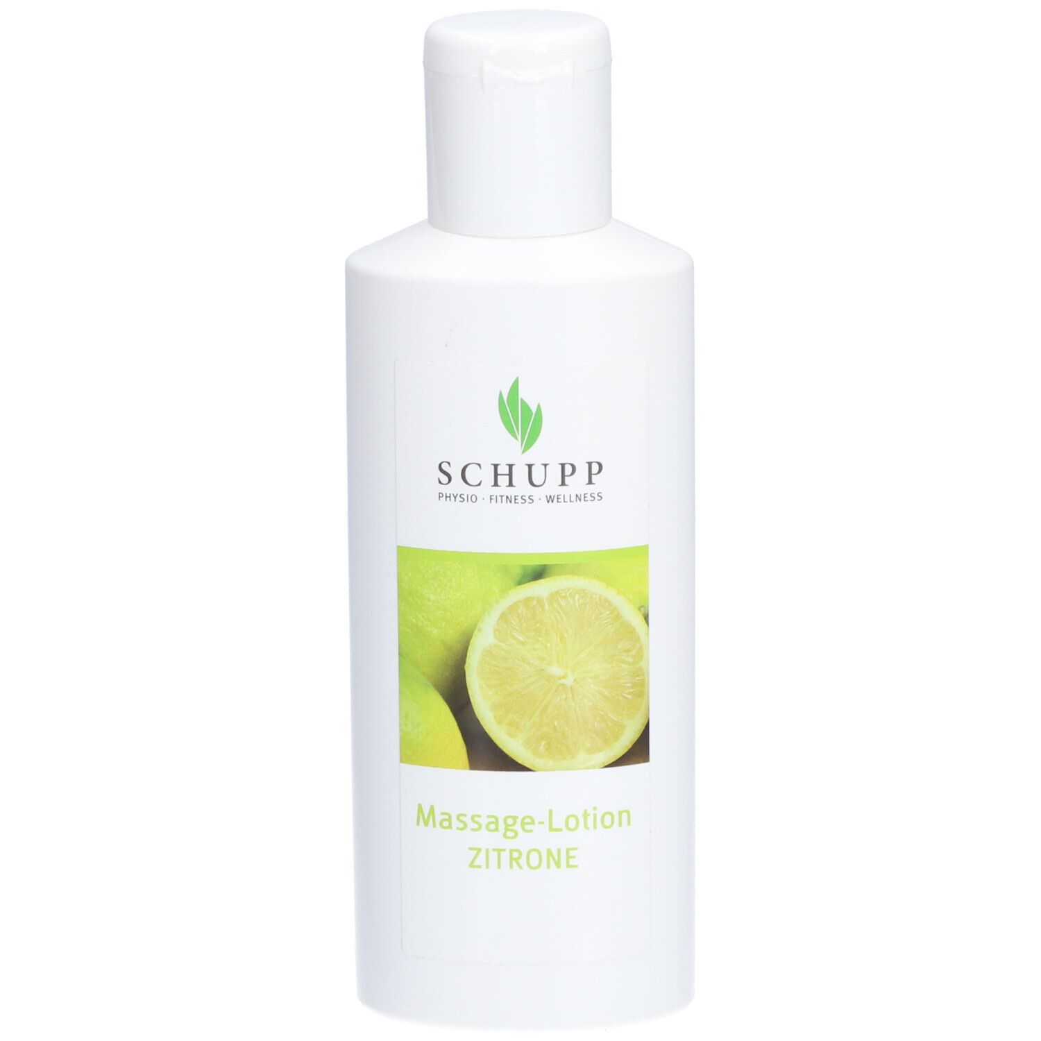 Witte fles met groen etiket. Opschrift: SCHUPP, Massage-Lotion Zitrone. Afbeelding van citroenen.