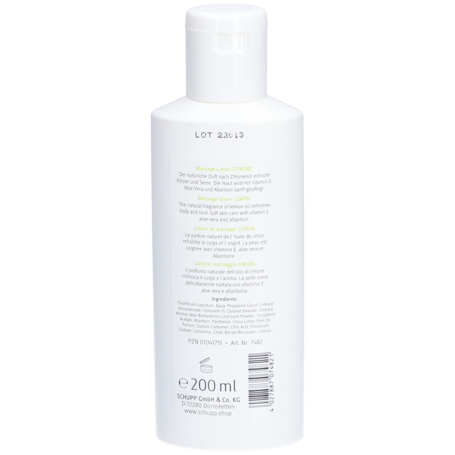 Witte fles, achterkant. Tekst in meerdere talen. Opschrift: 200 ml, ingrediënten, lotnummer.