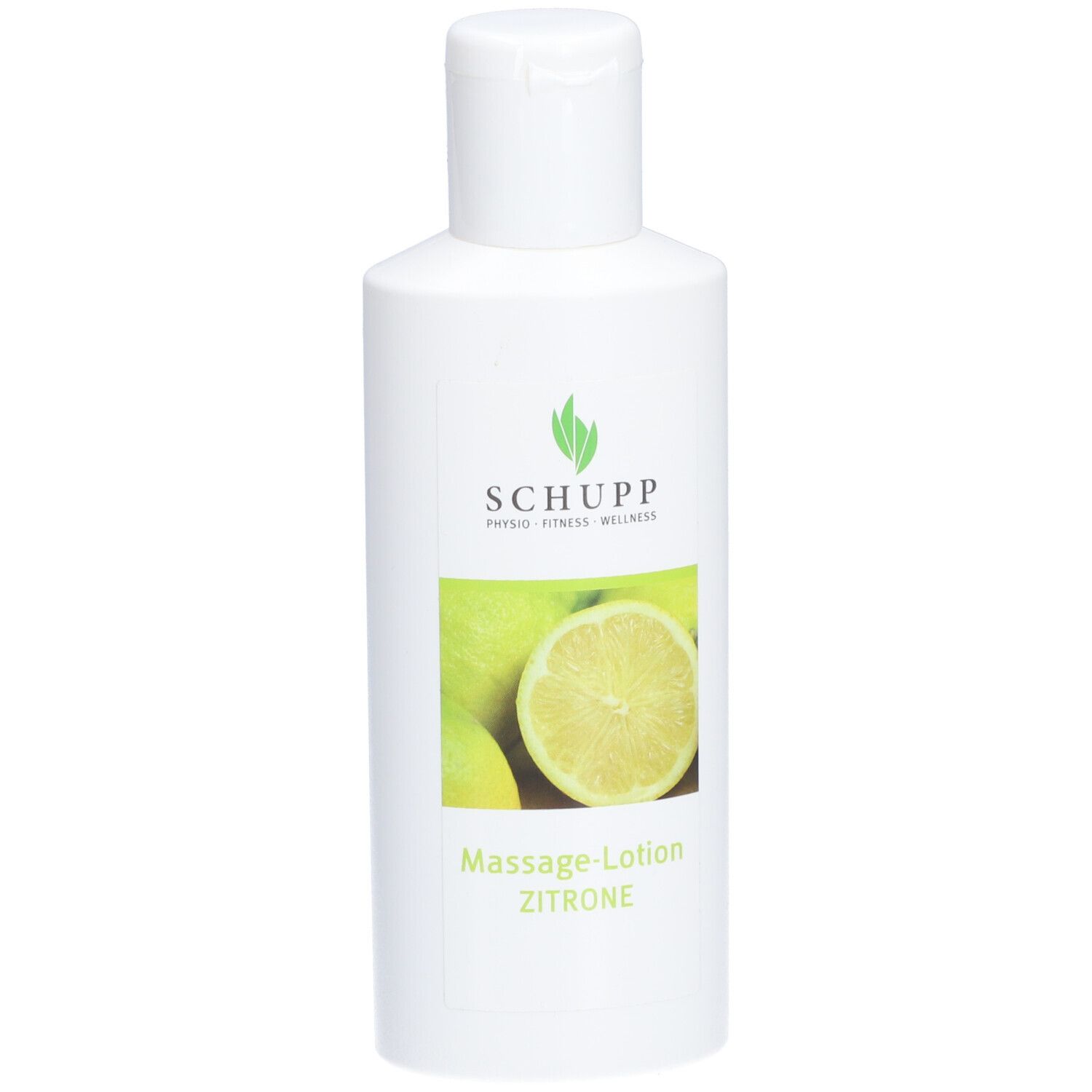 Witte fles met groen etiket. Opschrift: SCHUPP, Massage-Lotion Zitrone. Afbeelding van citroenen.