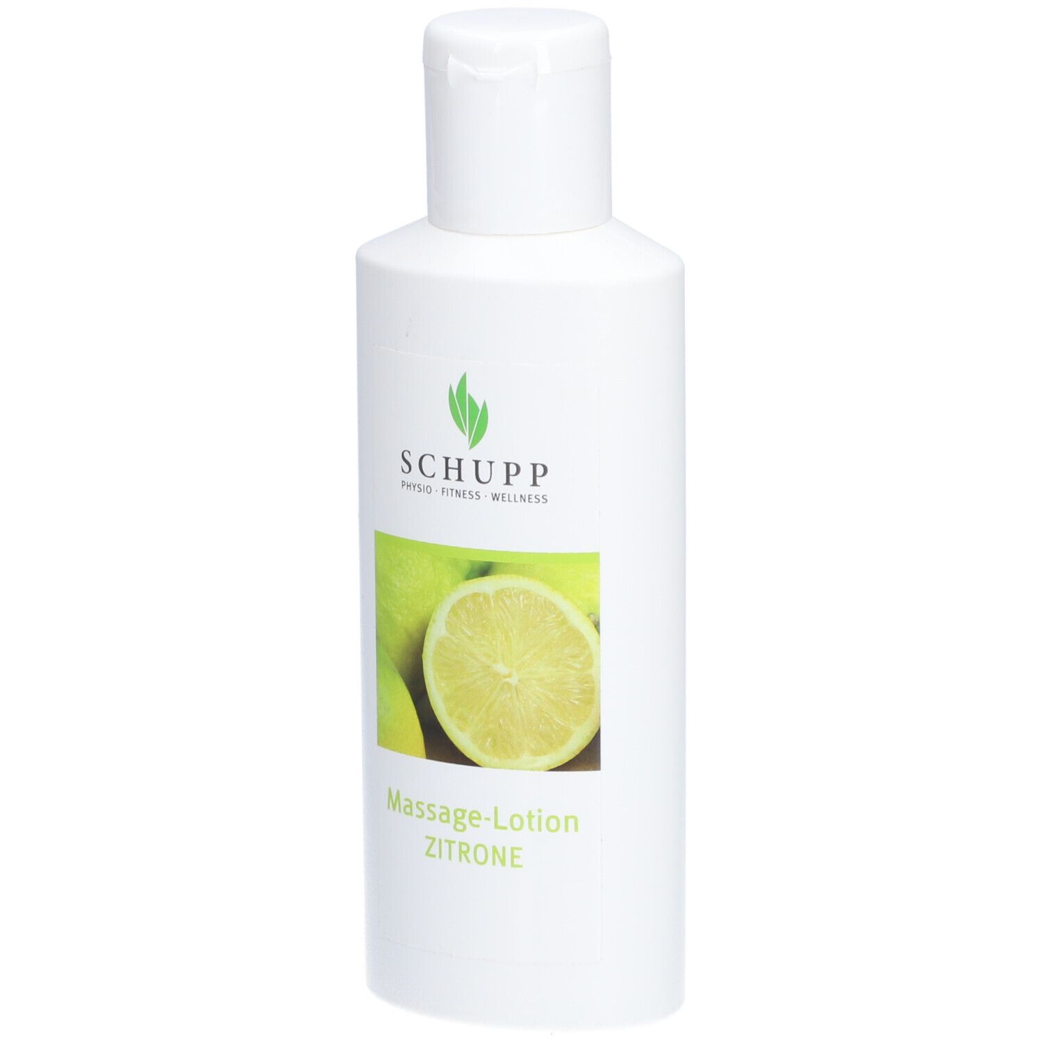 Witte fles met groen etiket. Opschrift: SCHUPP, Massage-Lotion Zitrone. Afbeelding van citroenen.