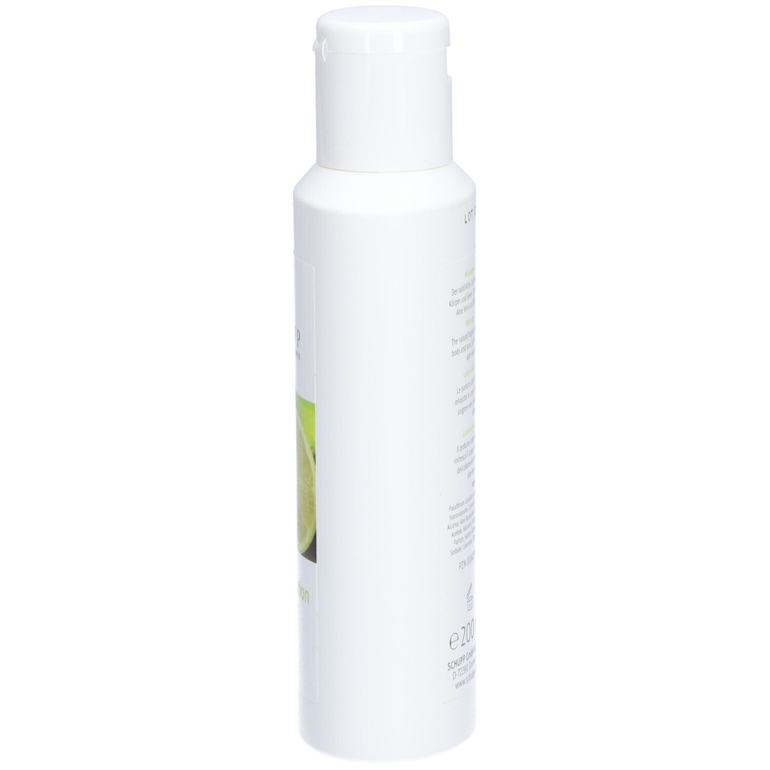 Witte fles, zijaanzicht. Etiket met citroenenafbeelding en tekst. Opschrift: 200 ml.