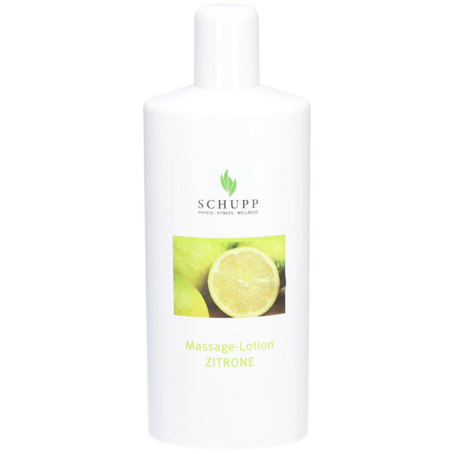 Witte fles met etiket. Logo en productnaam: Schupp Massage-Lotion Zitrone. Afbeelding van citroenen.