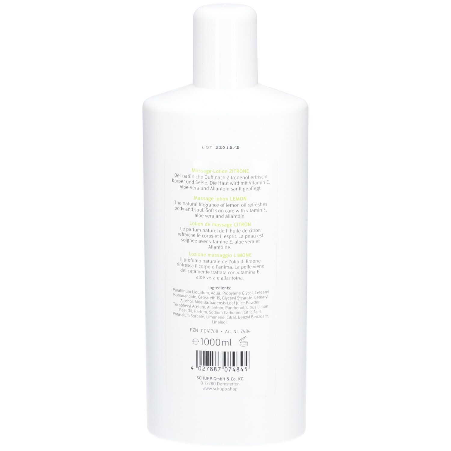 Achterkant van de witte fles. Tekst in het Duits, Engels en Frans. Ingrediëntenlijst en volume-aanduiding: 1000ml.