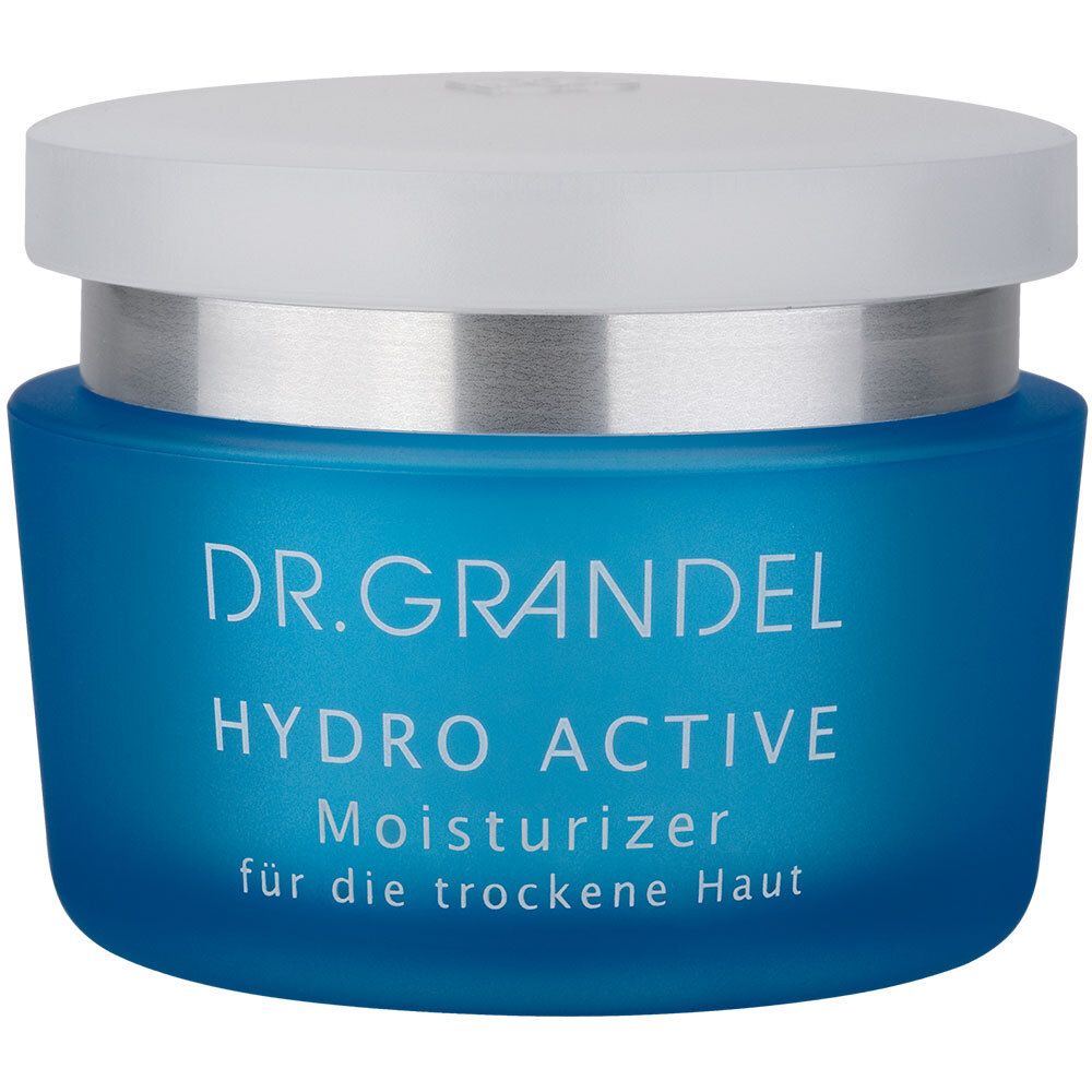 Blauwe crème pot met witte deksel. Opschrift: DR. GRANDEL HYDRO ACTIVE Moisturizer für die trockene Haut.