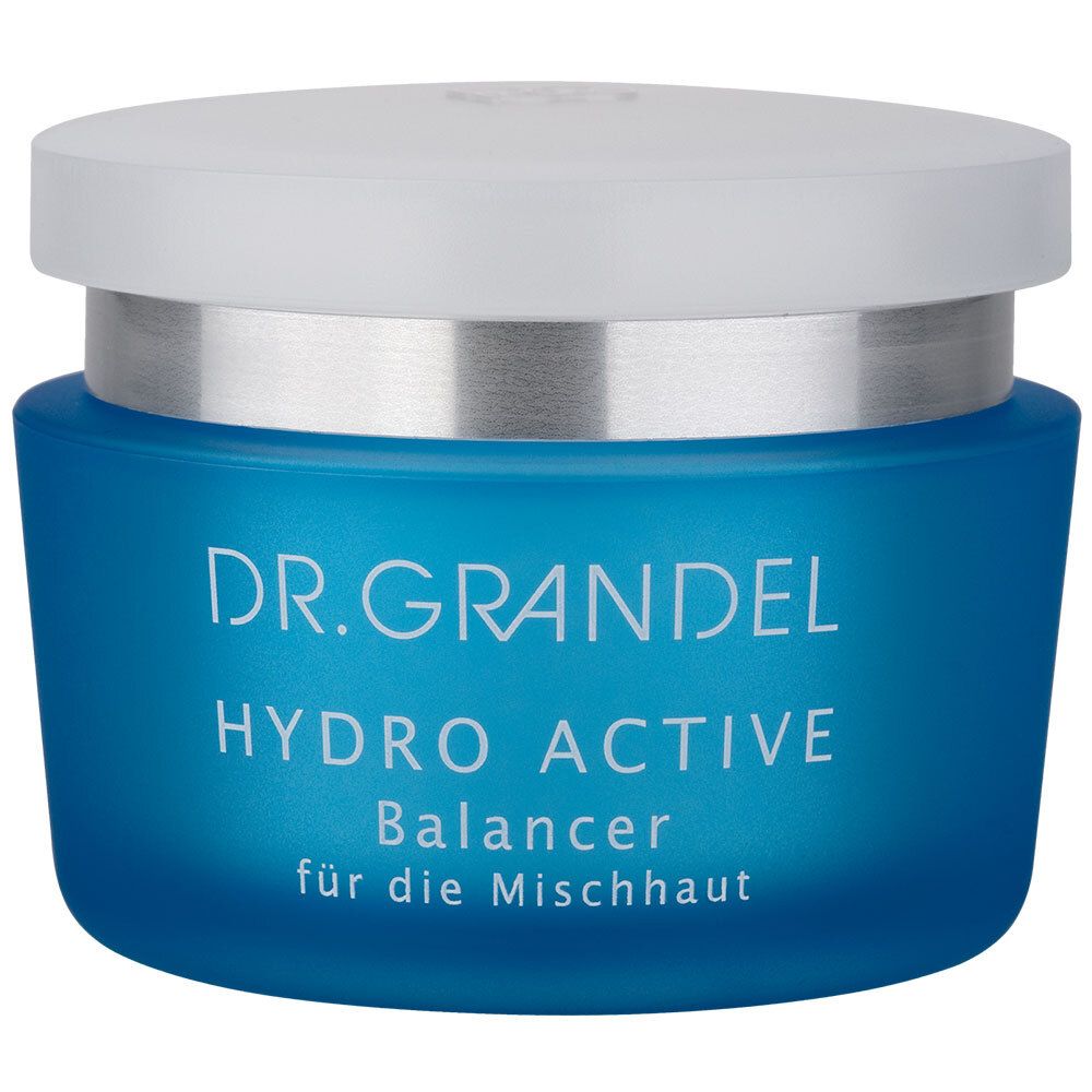 Blauwe crème pot met witte deksel. Opschrift: DR. GRANDEL HYDRO ACTIVE Balancer für die Mischhaut.
