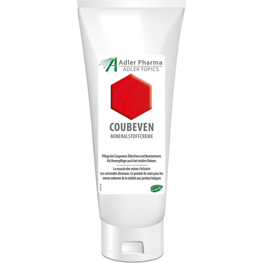 Witte tube met rood logo en tekst COUBEVEN Mineralstoffcreme. Adler Pharma logo. Tekst in het Duits en Frans.